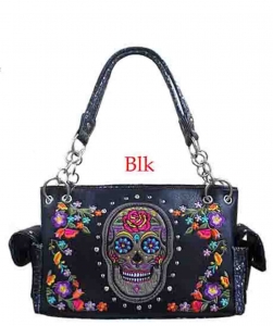 Western Sugar Skull Floral Embroidered Concealed Carry Handbag  GSK939W117 BLACK